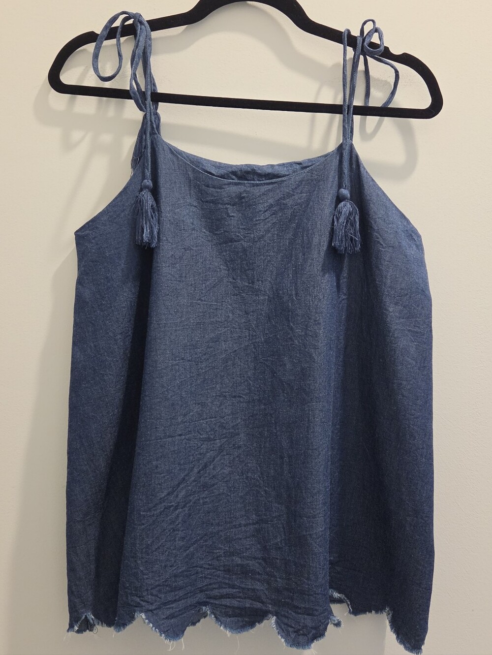 Blue 100% Cotton Denim Tank Top With Tie Straps & Tassels, Frayed Scalloped Hem